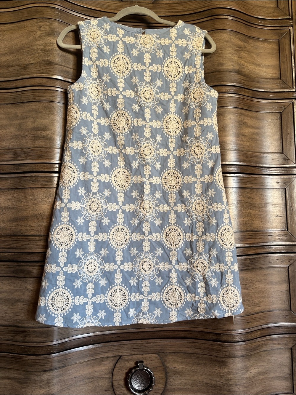 Commense Blue Shift Dress with Cream Crochet Overlay